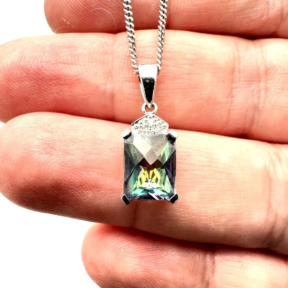 Womens Necklace 14K White Gold Mystic Topaz Diamond Pendant Estate Jewelry